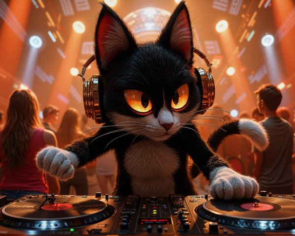 Cat DJ Mixing Tracks at a Vibrant Nightclub Scene