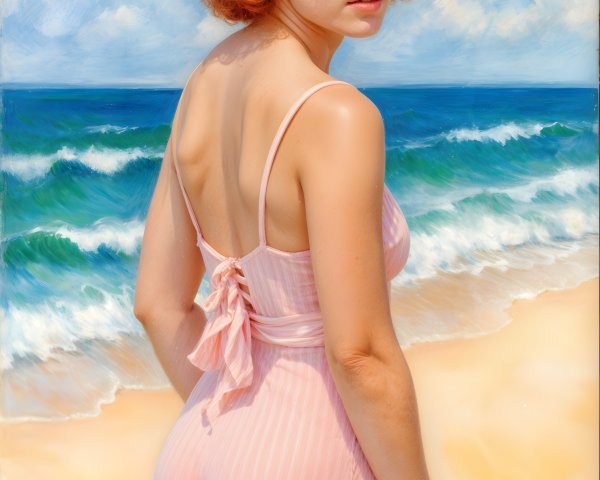 Young Woman in Vintage Swimsuit on Beach Scene