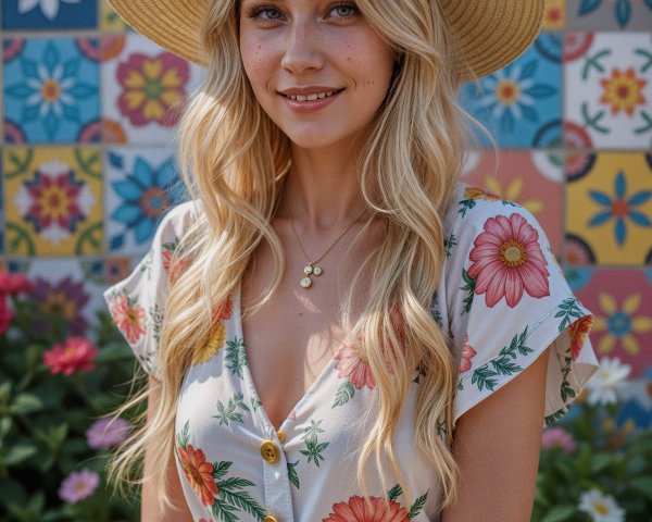 Young woman in floral dress by vibrant garden wall