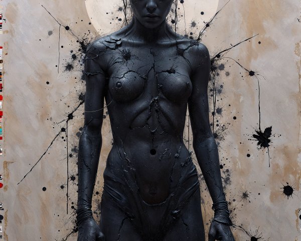 Humanoid Figure with Abstract Elements and Celestial Backdrop