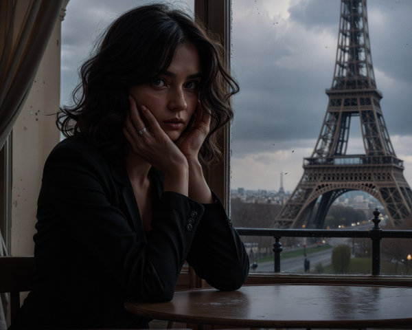 Young Woman Contemplating View of Eiffel Tower