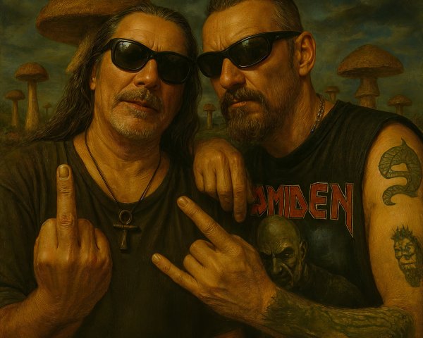 Muscular Men in Sunglasses with Surreal Backdrop