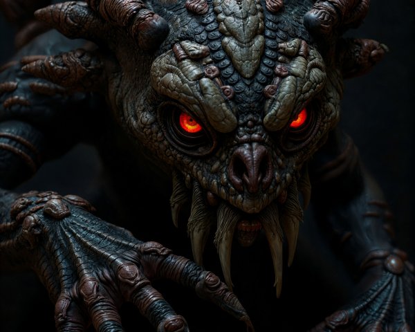 Menacing Creature with Scaly Body and Fiery Eyes