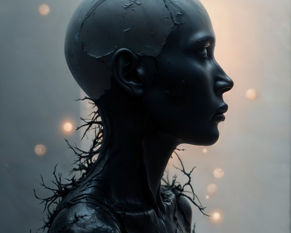 Futuristic figure with cracked porcelain skin and veins