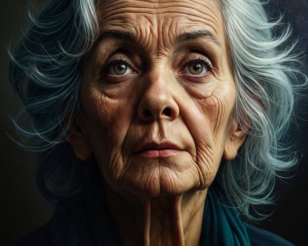 Elderly Woman with Gray Hair and Strong Expression