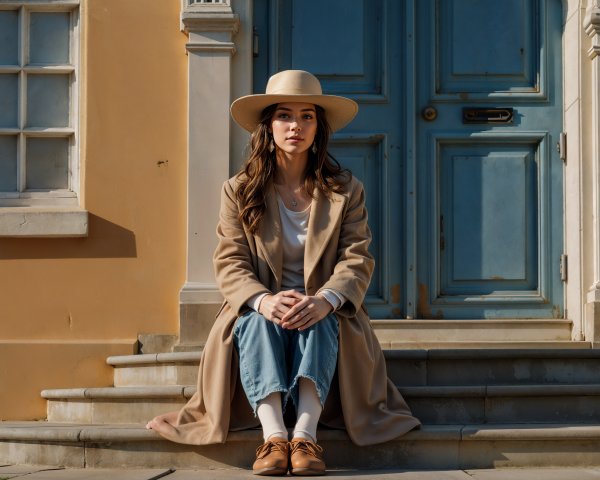 Young woman in beige coat on stone steps with hat