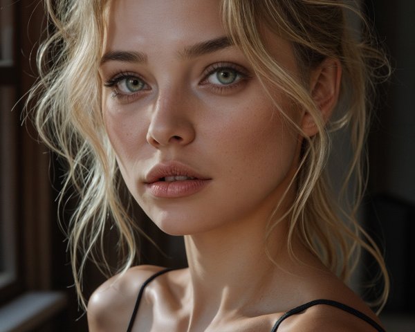 Young woman with radiant skin and striking green eyes