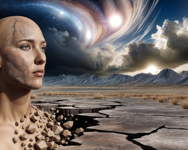 Humanoid Figure in Barren Landscape with Cosmic Background