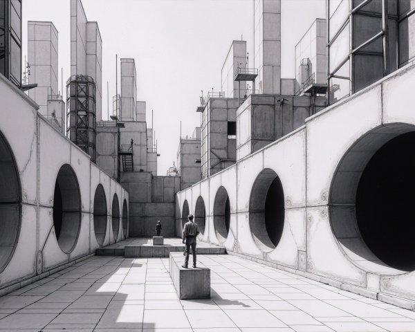 Monochromatic Architectural Scene with Circular Openings