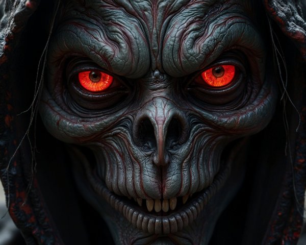 Menacing Figure with Grotesque Skeletal Face and Cloak
