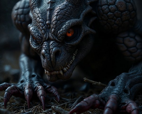 Menacing Reptilian Creature with Dark Scales and Claws