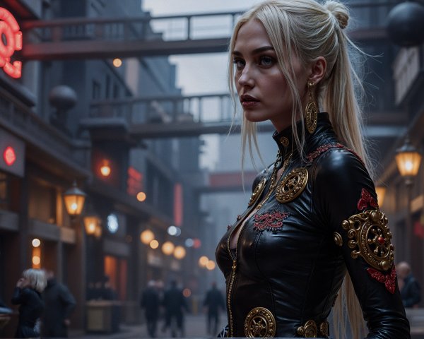 Mysterious Figure in Embellished Leather Outfit in Alley