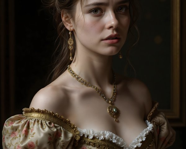 Elegant Young Woman in Vintage Floral Gown and Jewelry