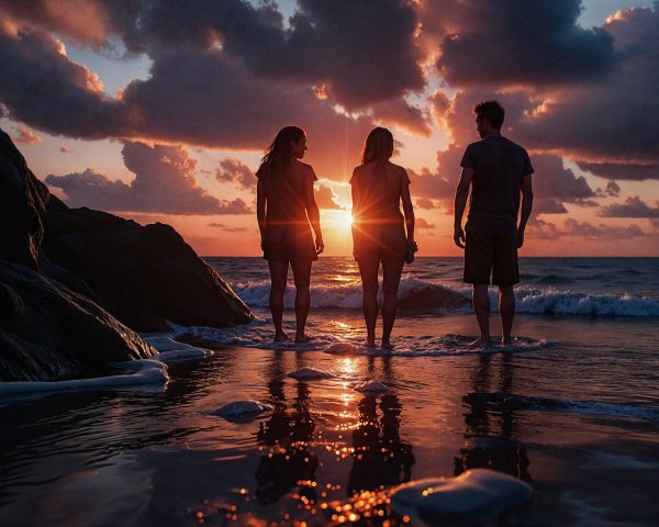 Three Figures at Ocean's Edge During Sunset