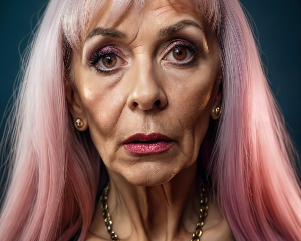 Portrait of an Older Woman with Pink Hair and Jewelry