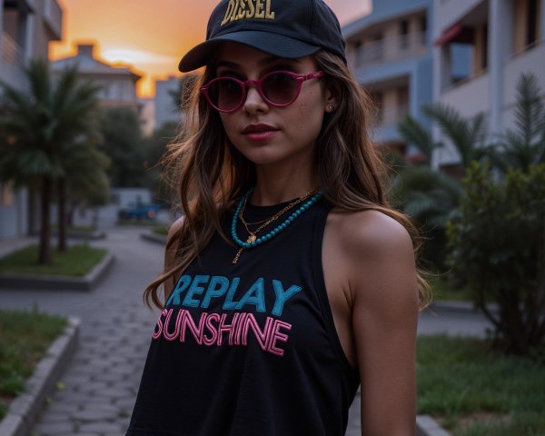 Young woman in stylish outfit against sunset backdrop