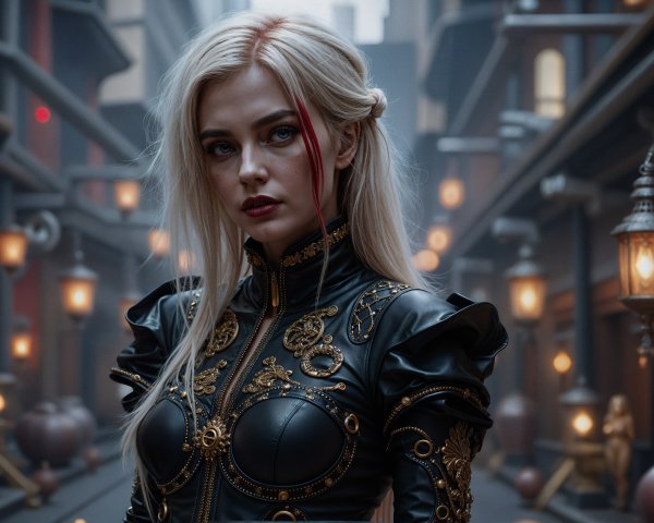 Young woman in steampunk alley with striking outfit