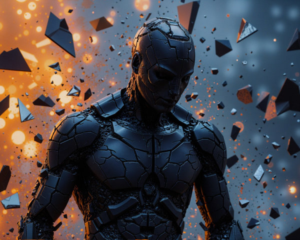 Futuristic Robotic Figure Amidst Geometric Explosion