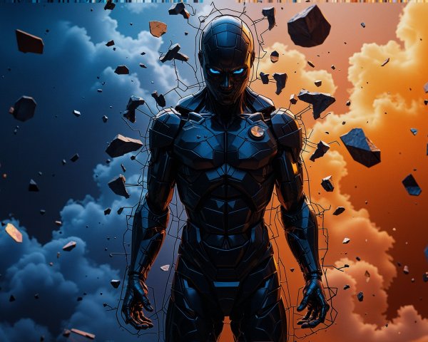 Futuristic Armored Figure in Dynamic Dramatic Scene