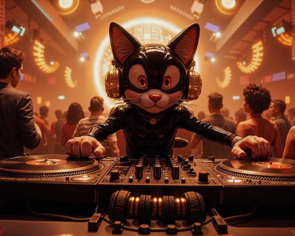 Lively Nightclub Scene with DJ Cat and Dancing Crowd