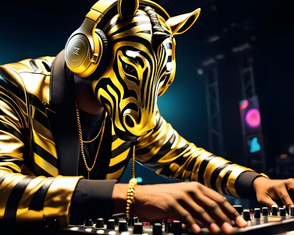 DJ in Gold and Black Zebra Mask at Music Event