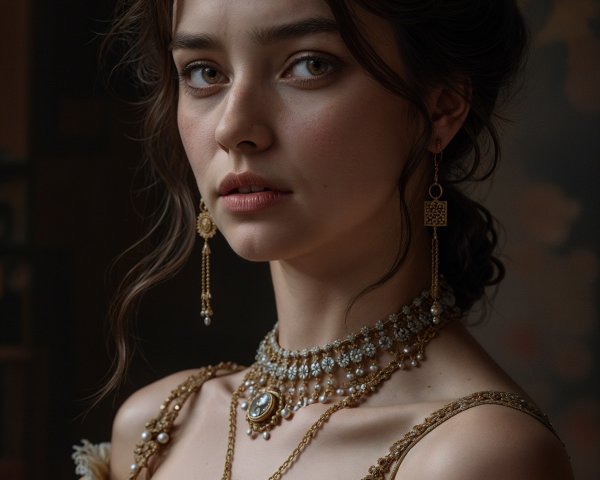 Elegant Young Woman in Lavish Period Dress and Jewelry