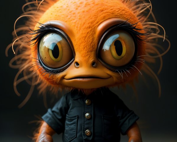 Whimsical creature with orange fur and black jacket