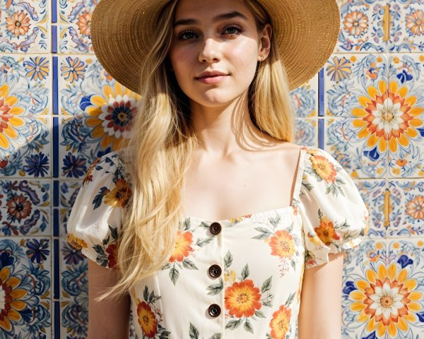 Young woman in floral dress by vibrant tiled wall