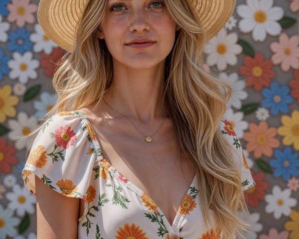 Young woman in floral dress with straw hat backdrop