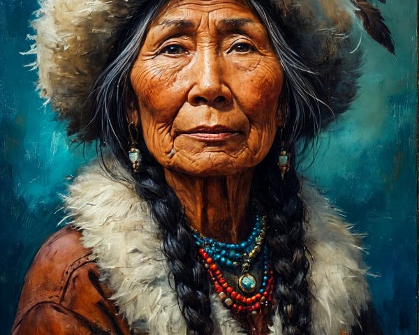 Elderly Indigenous Woman in Traditional Attire and Setting
