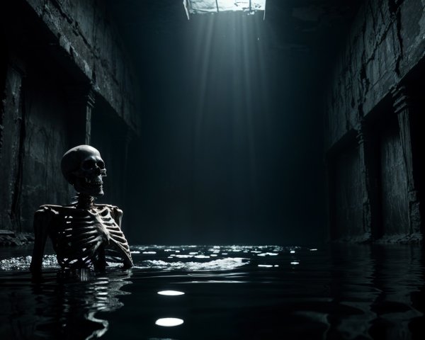 Skeletal Figure in Dark Water of Ancient Chamber