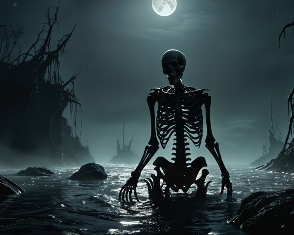 Skeletal Figure in Haunted Moonlit Landscape