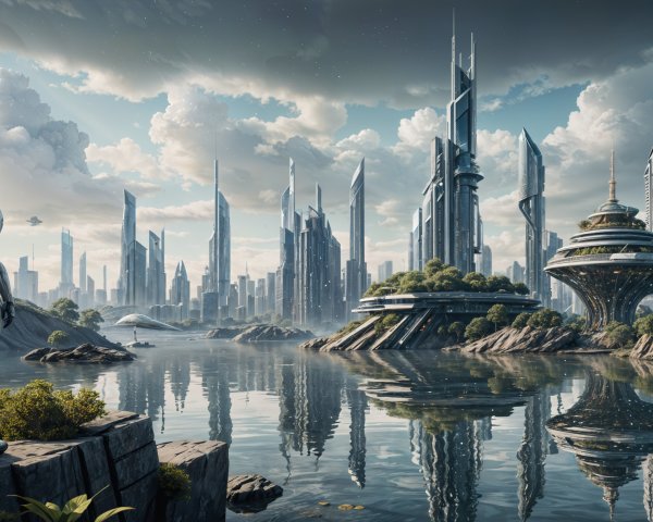 Futuristic landscape with skyscrapers and humanoid robot