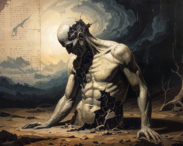 Fragmented Muscular Figure in Desolate Landscape