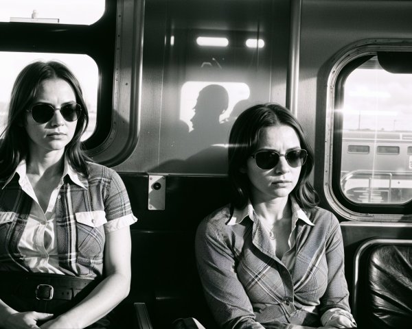 Black-and-White Train Scene with Two Women in Plaid