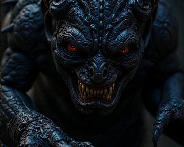 Menacing creature with dark skin and glowing eyes