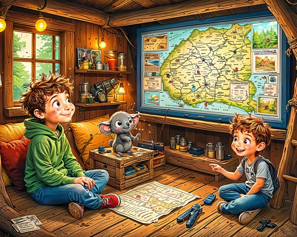 Animated Boys in Cozy Treehouse with Detailed Map