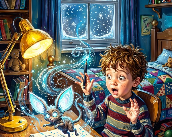 Young boy at desk with magical blue light and creature