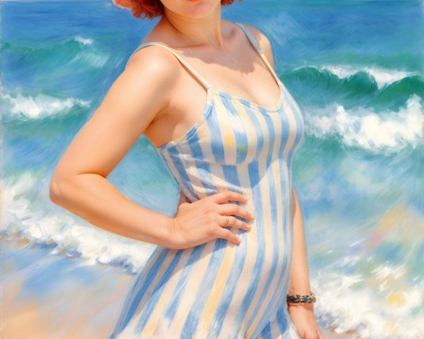 Young Woman in Vintage Swimsuit at Sunlit Beach