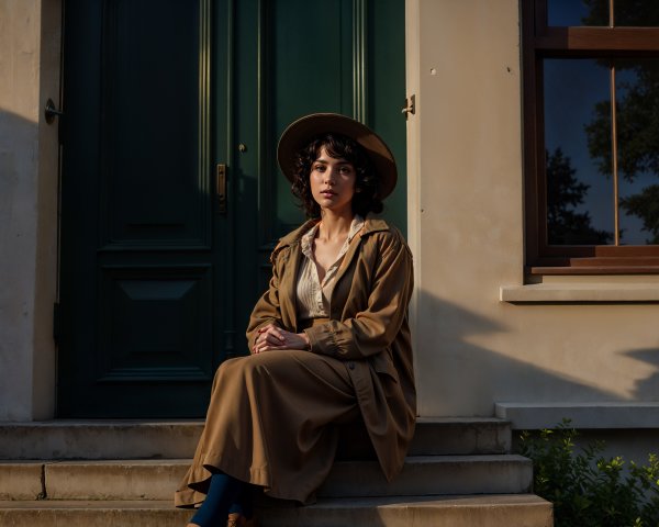 Woman in Beige Coat on Steps of Stylish Building