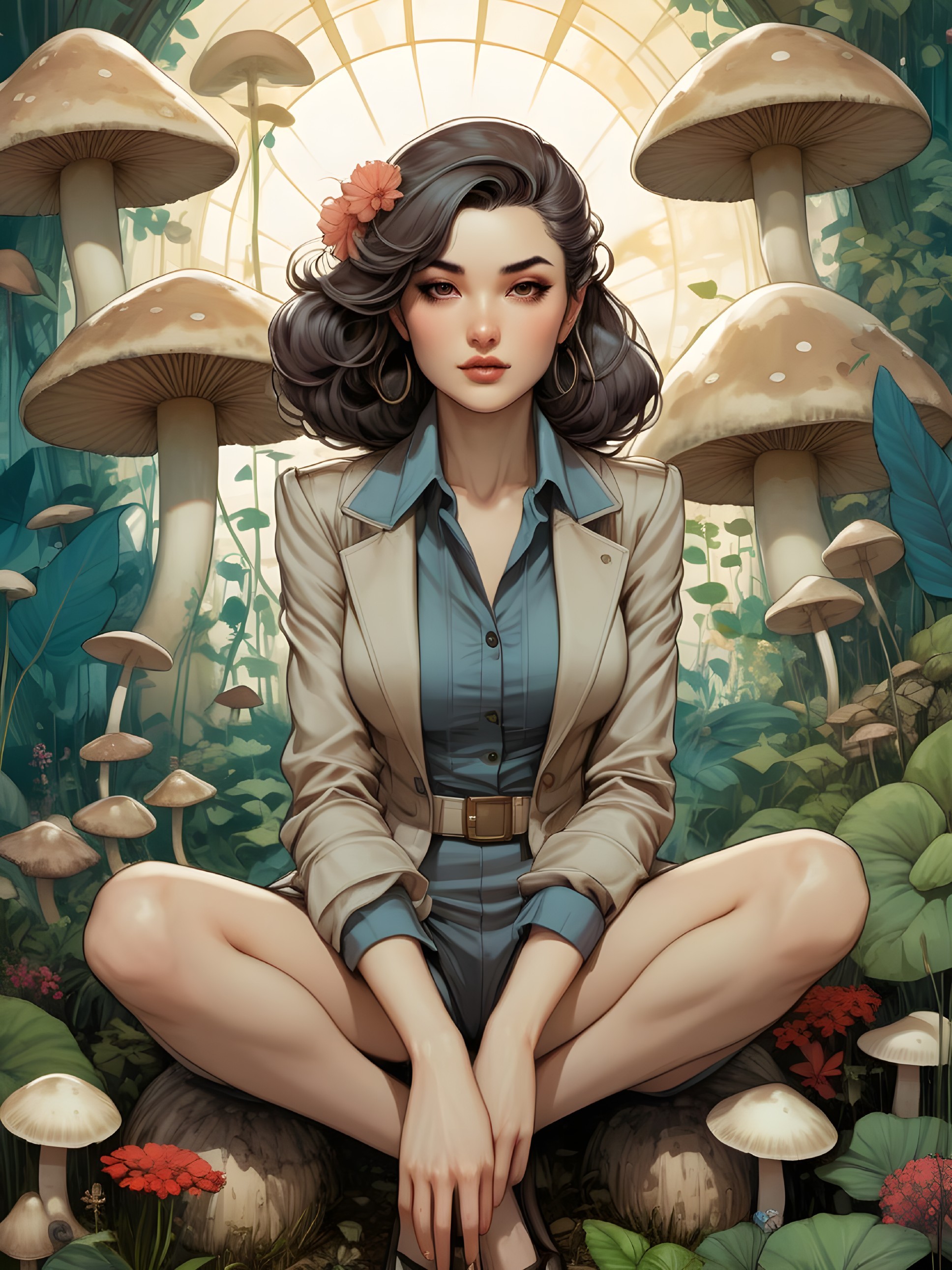 Stylish Woman in Forest with Mushrooms and Greenery