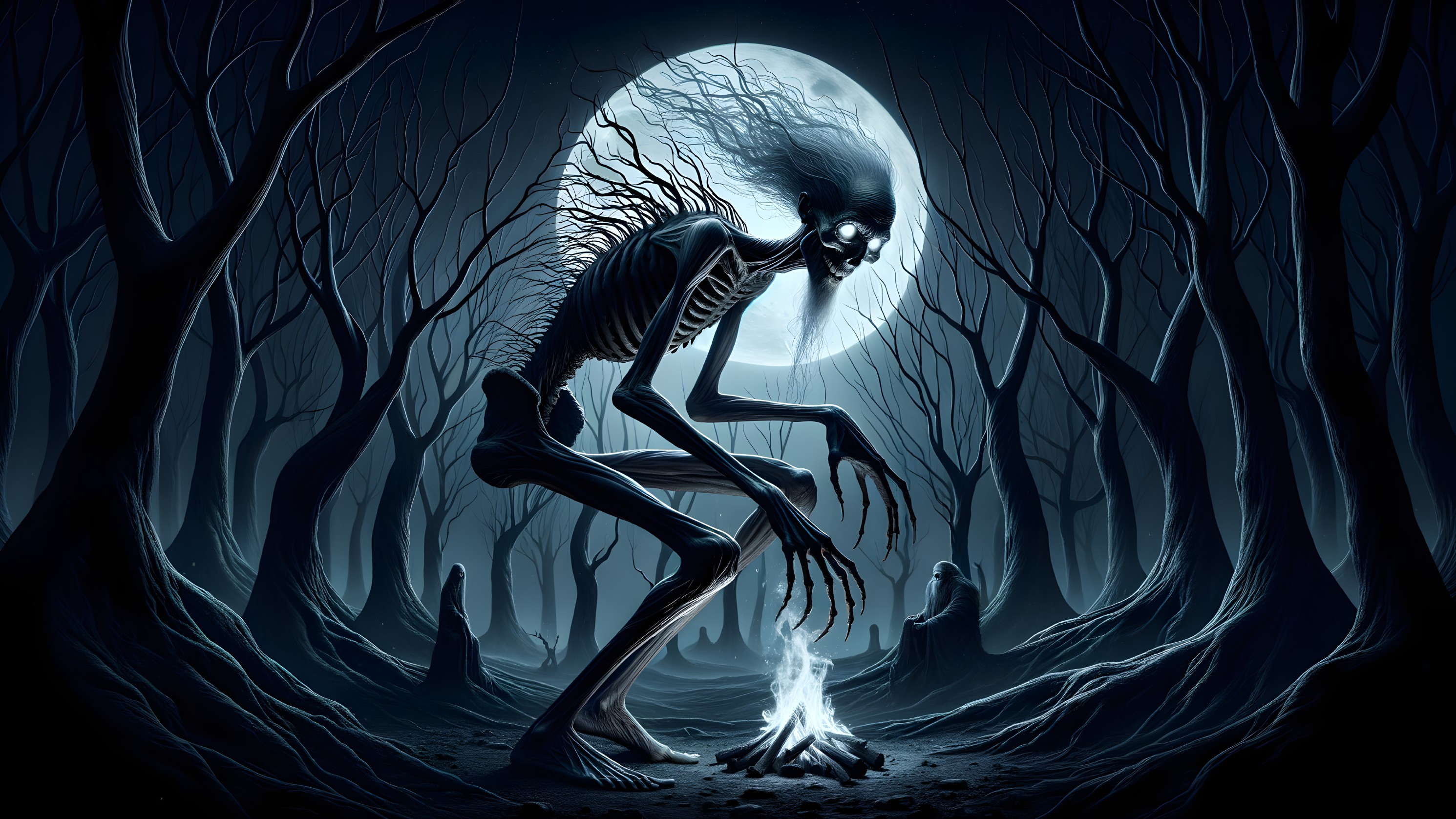 Eerie Forest Scene with Skeletal Figure and Campfire
