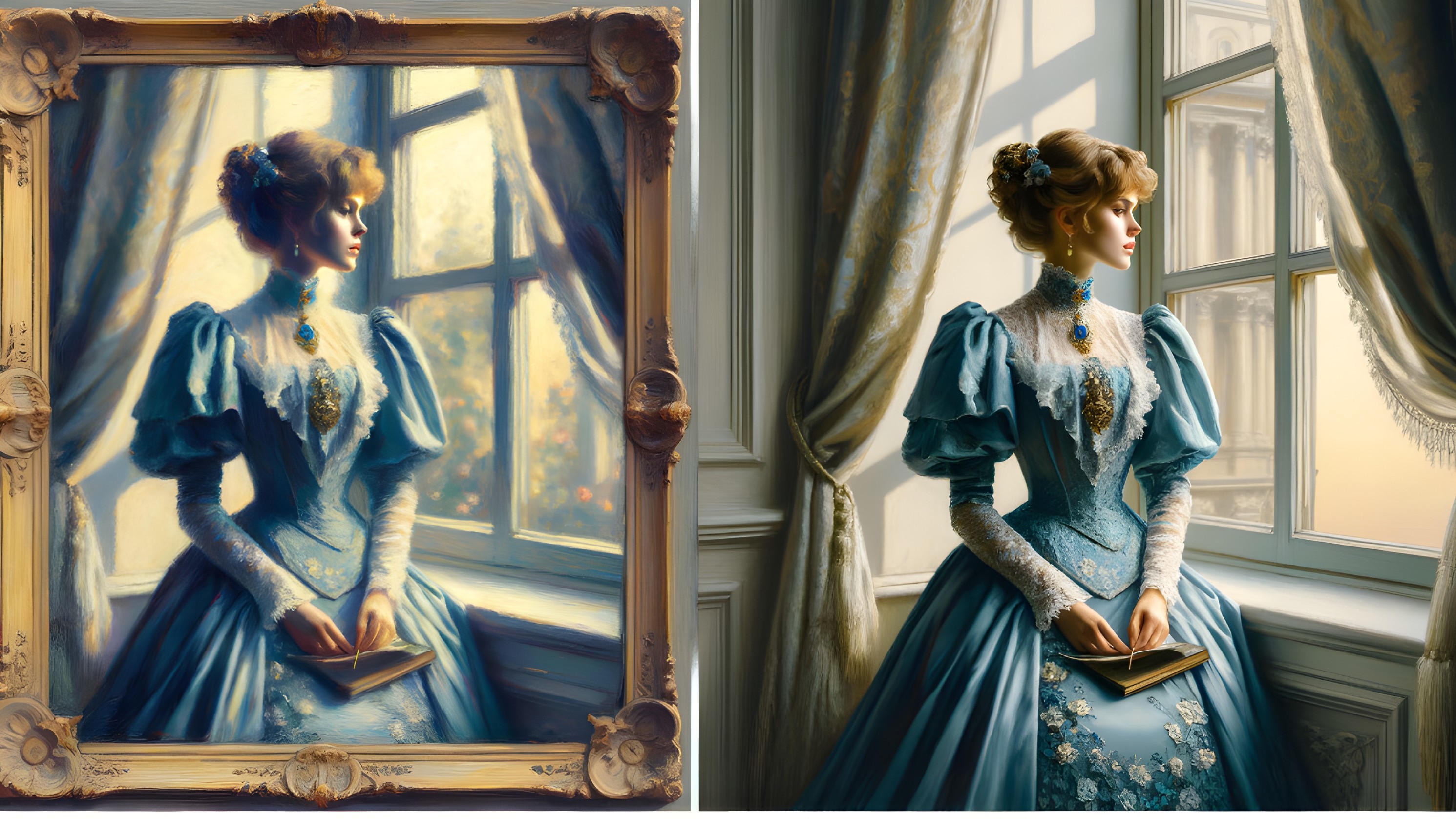 Vintage Woman in Blue Gown by Window with Lace Details