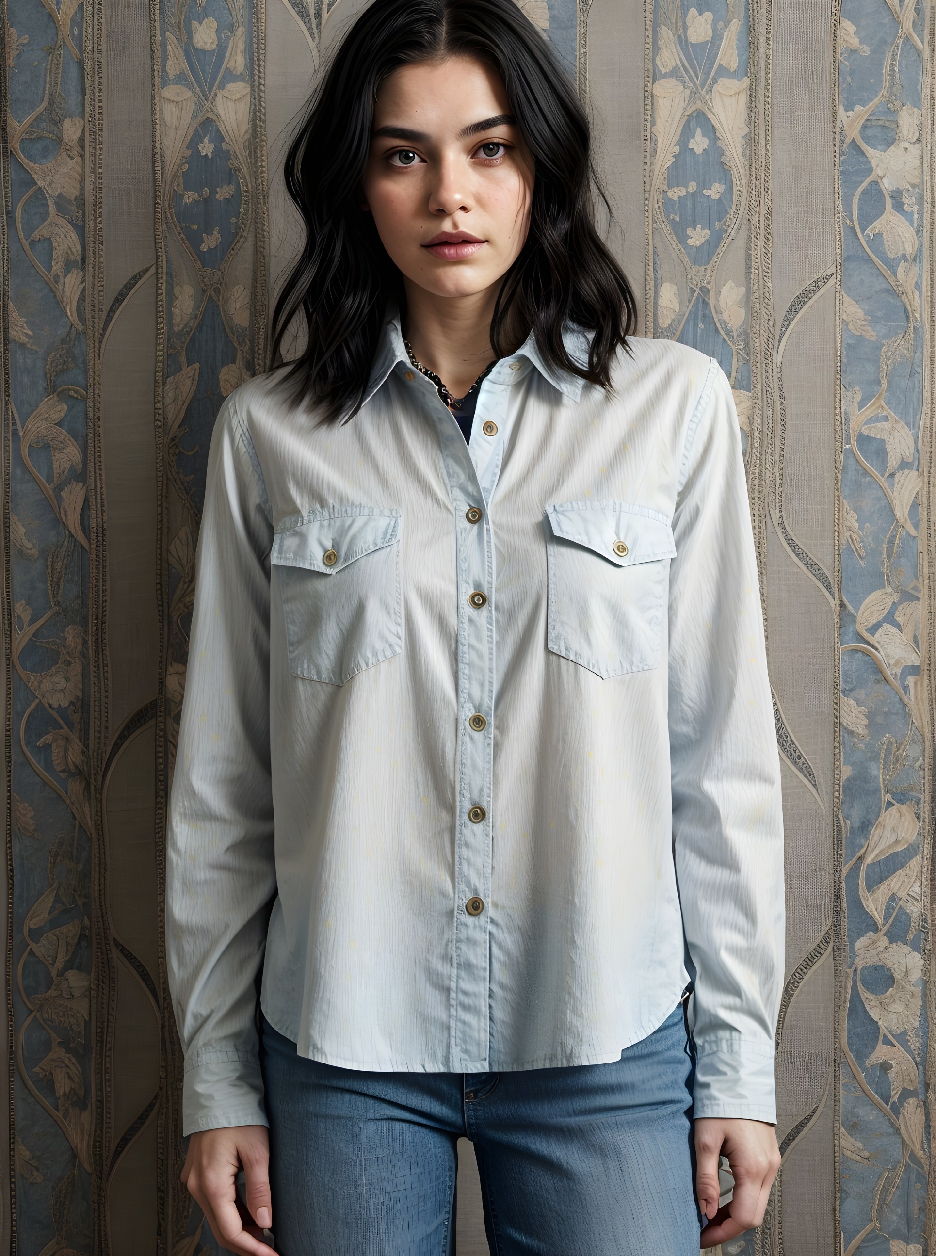 Young woman in light blue shirt with patterned backdrop
