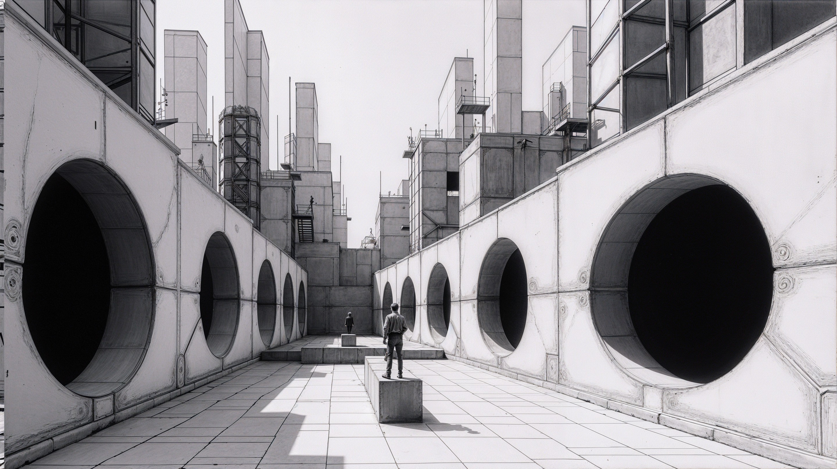 Monochromatic Architectural Scene with Circular Openings