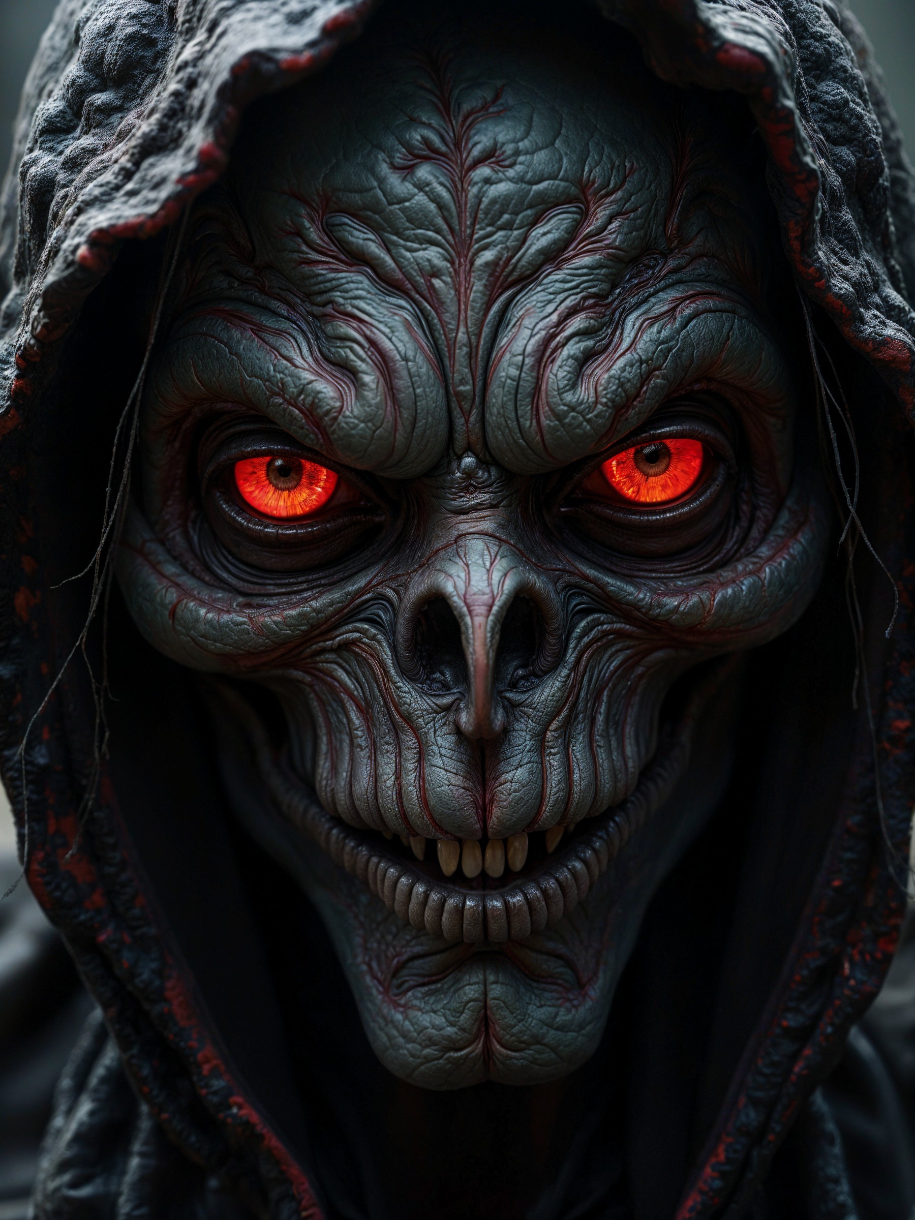 Menacing Figure with Grotesque Skeletal Face and Cloak