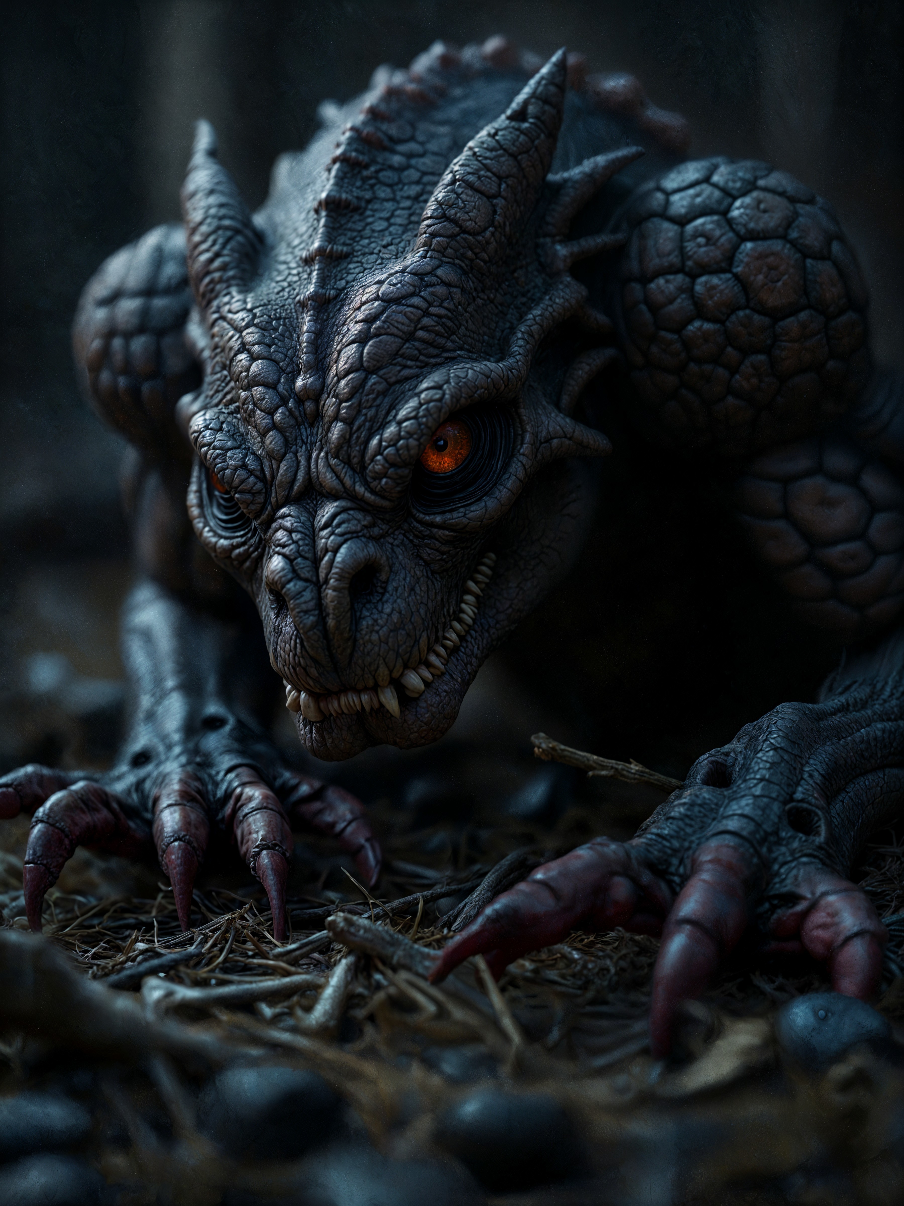 Menacing Reptilian Creature with Dark Scales and Claws
