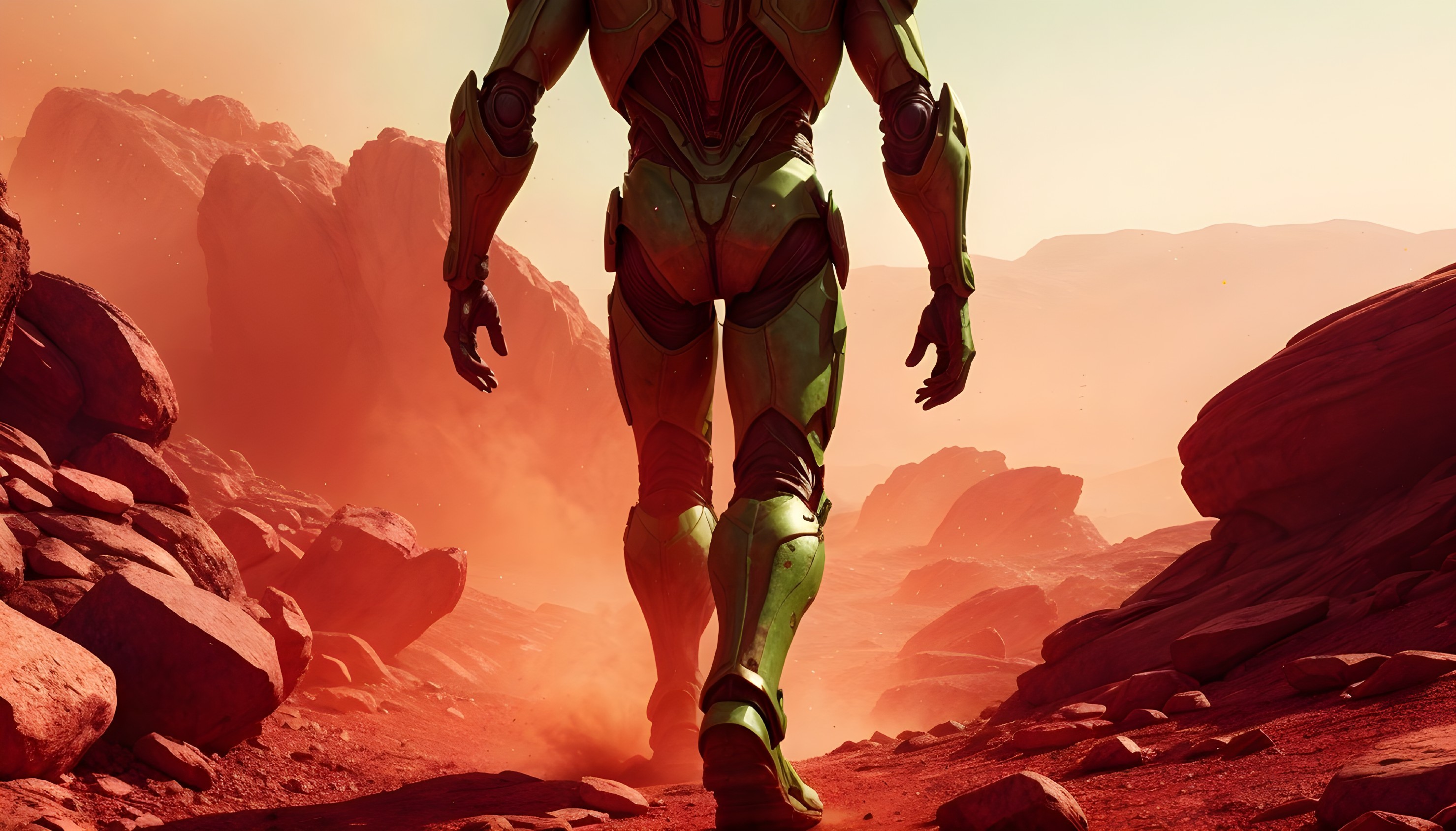 Futuristic warrior in green armor on Martian landscape