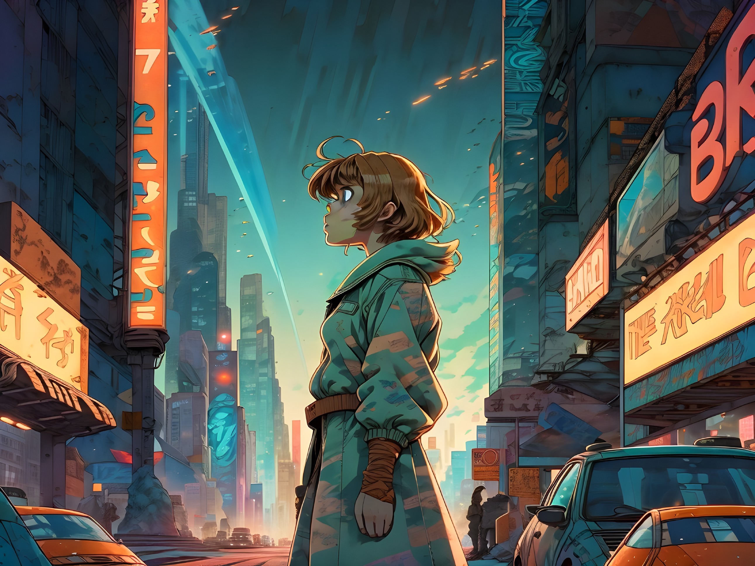 Young Character in Neon-Lit Futuristic Cityscape