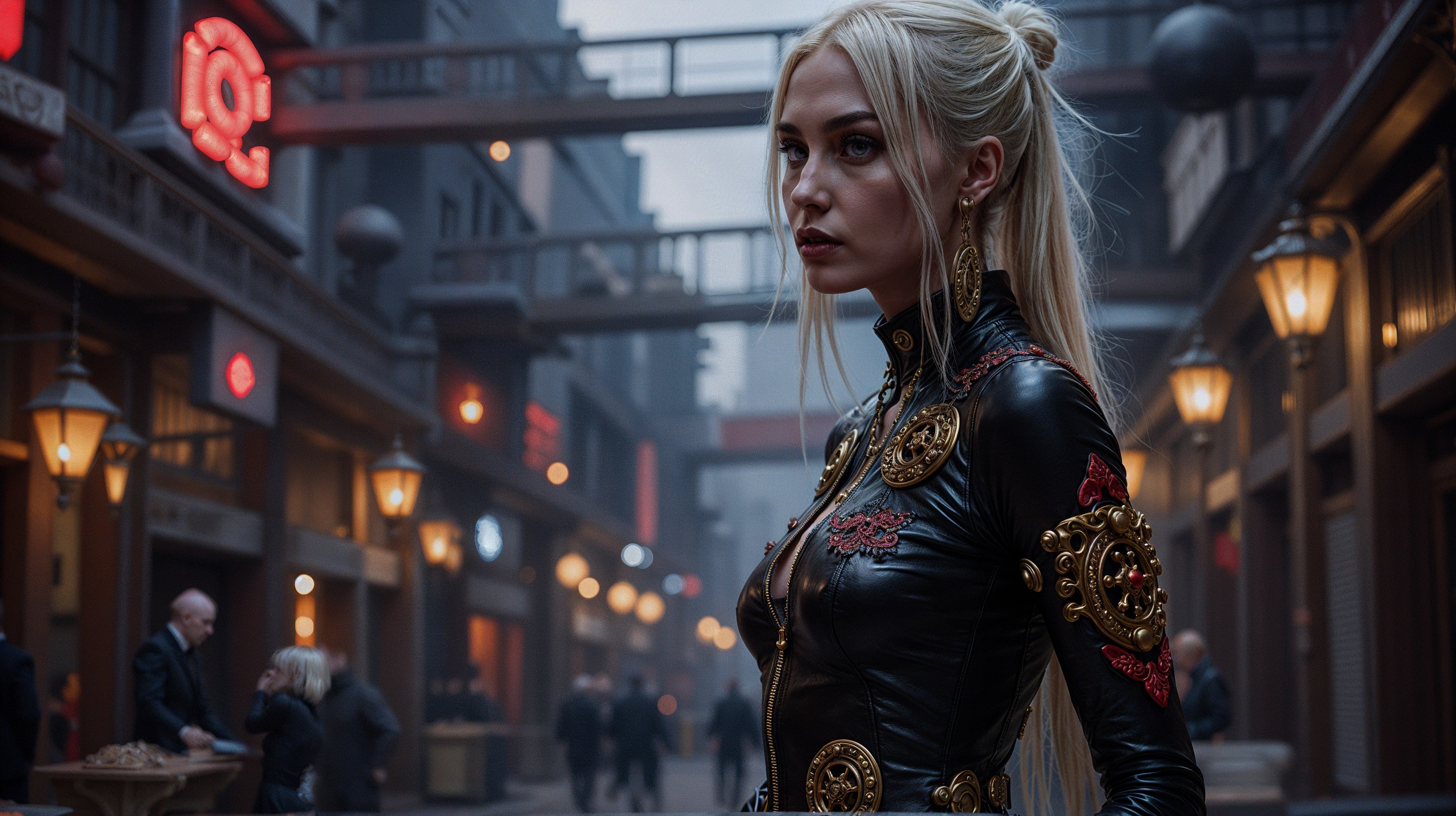 Mysterious Figure in Embellished Leather Outfit in Alley